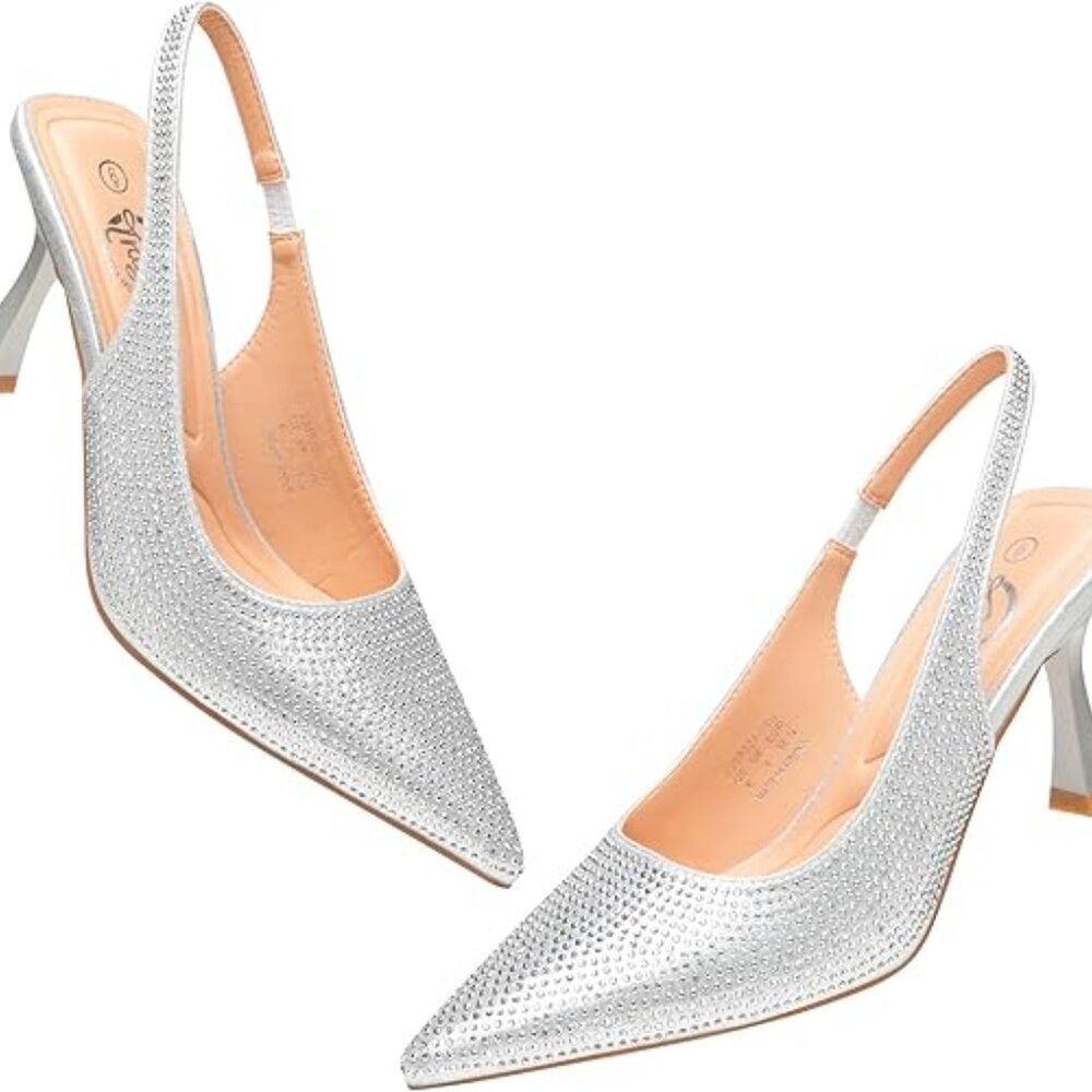 Trary Slingback Pointed Toe Pumps Shoes 3.2inch Slip On Rhinestone Glitter Heels